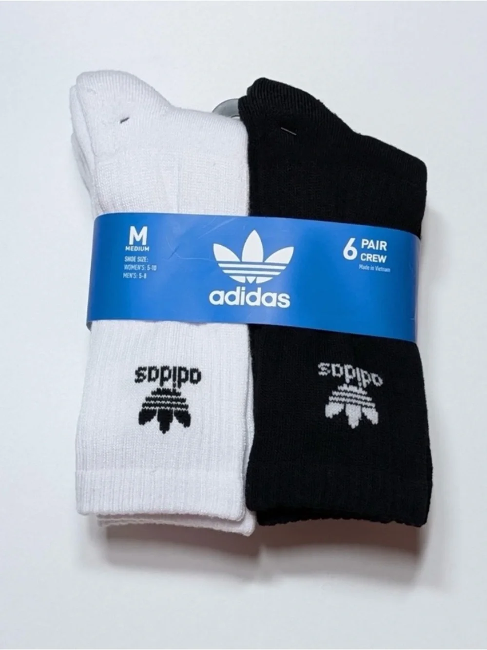 Size M Adidas Originals Trefoil Cushioned Crew Socks 6-Pack White/ Black